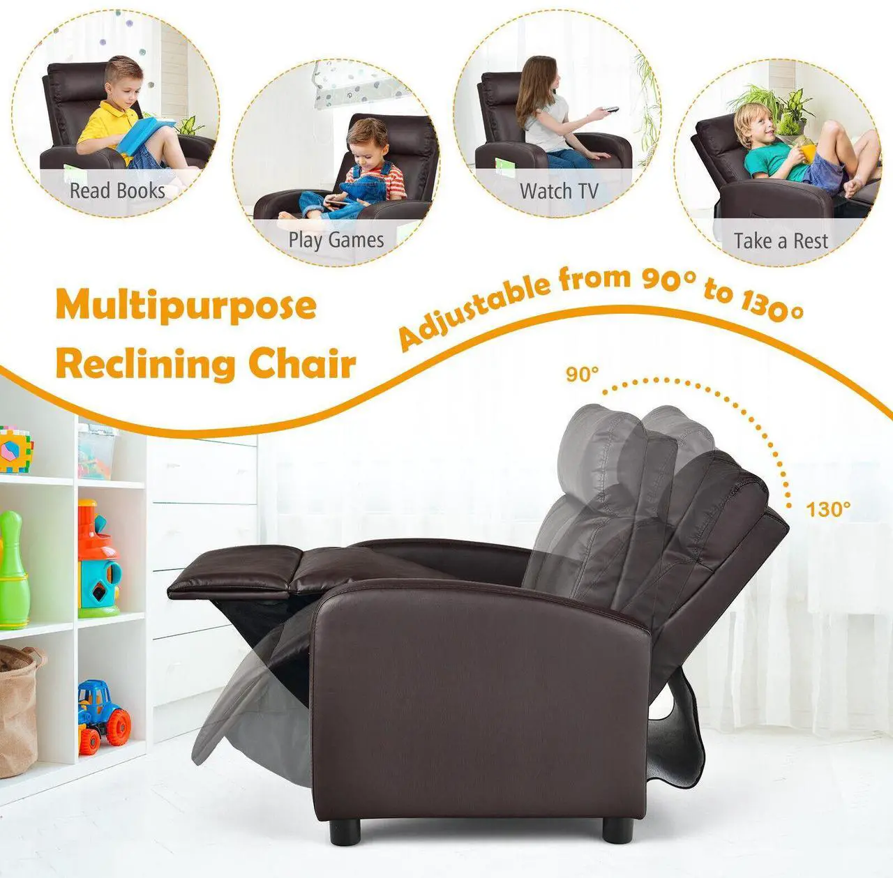 Alt view image 5 of 7 - SlickBlue Ergonomic PU Leather Kids Recliner Lounge Sofa for 3-12 Age Group