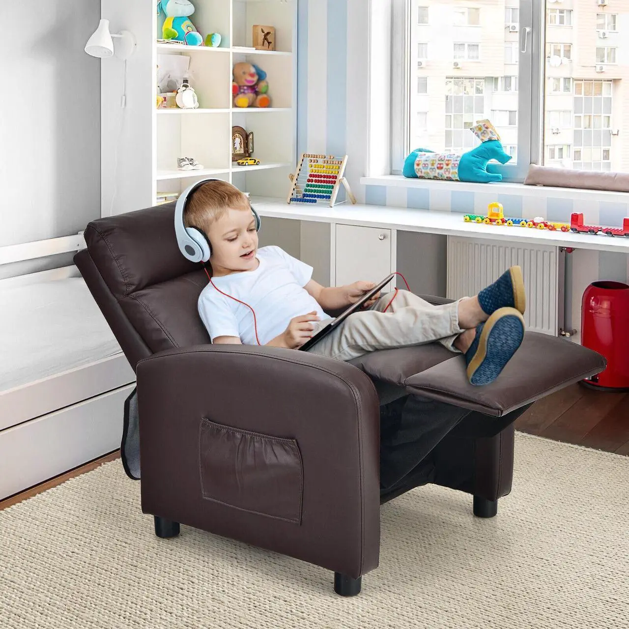 Alt view image 7 of 7 - SlickBlue Ergonomic PU Leather Kids Recliner Lounge Sofa for 3-12 Age Group