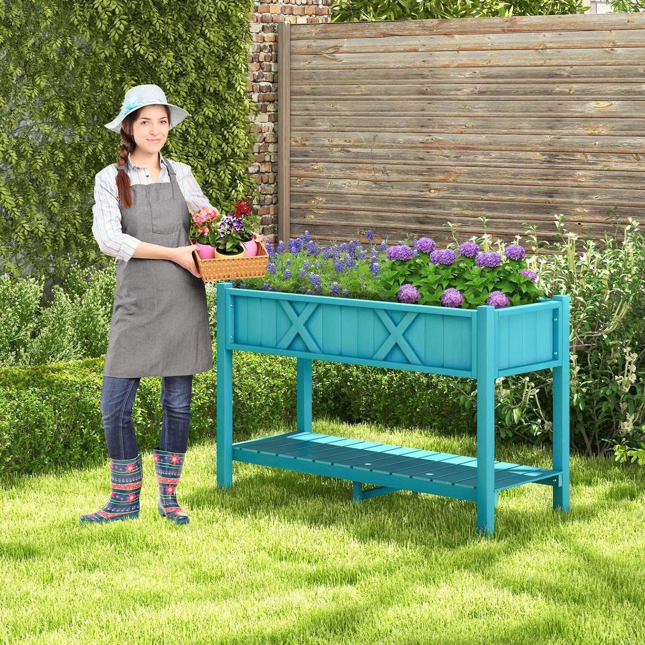Alt view image 2 of 7 - SlickBlue Poly Wood Elevated Planter Box with Legs Storage Shelf Drainage Holes