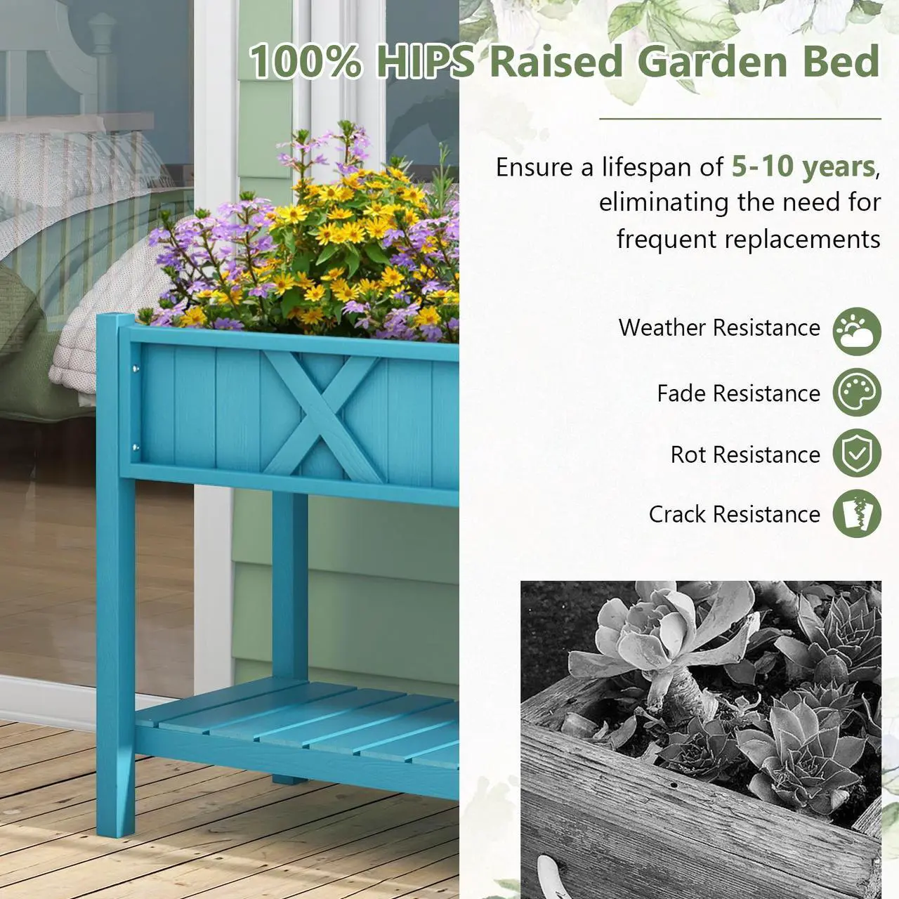 Alt view image 7 of 7 - SlickBlue Poly Wood Elevated Planter Box with Legs Storage Shelf Drainage Holes