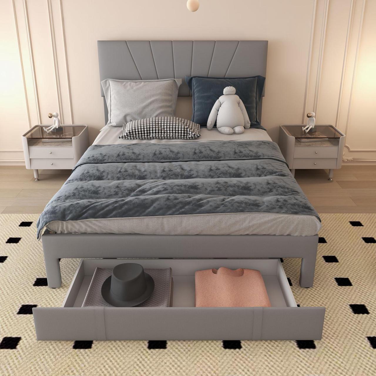Alt view image 3 of 7 - SlickBlue Upholstered Bed Frame with Drawer and Adjustable Headboard-Queen Size