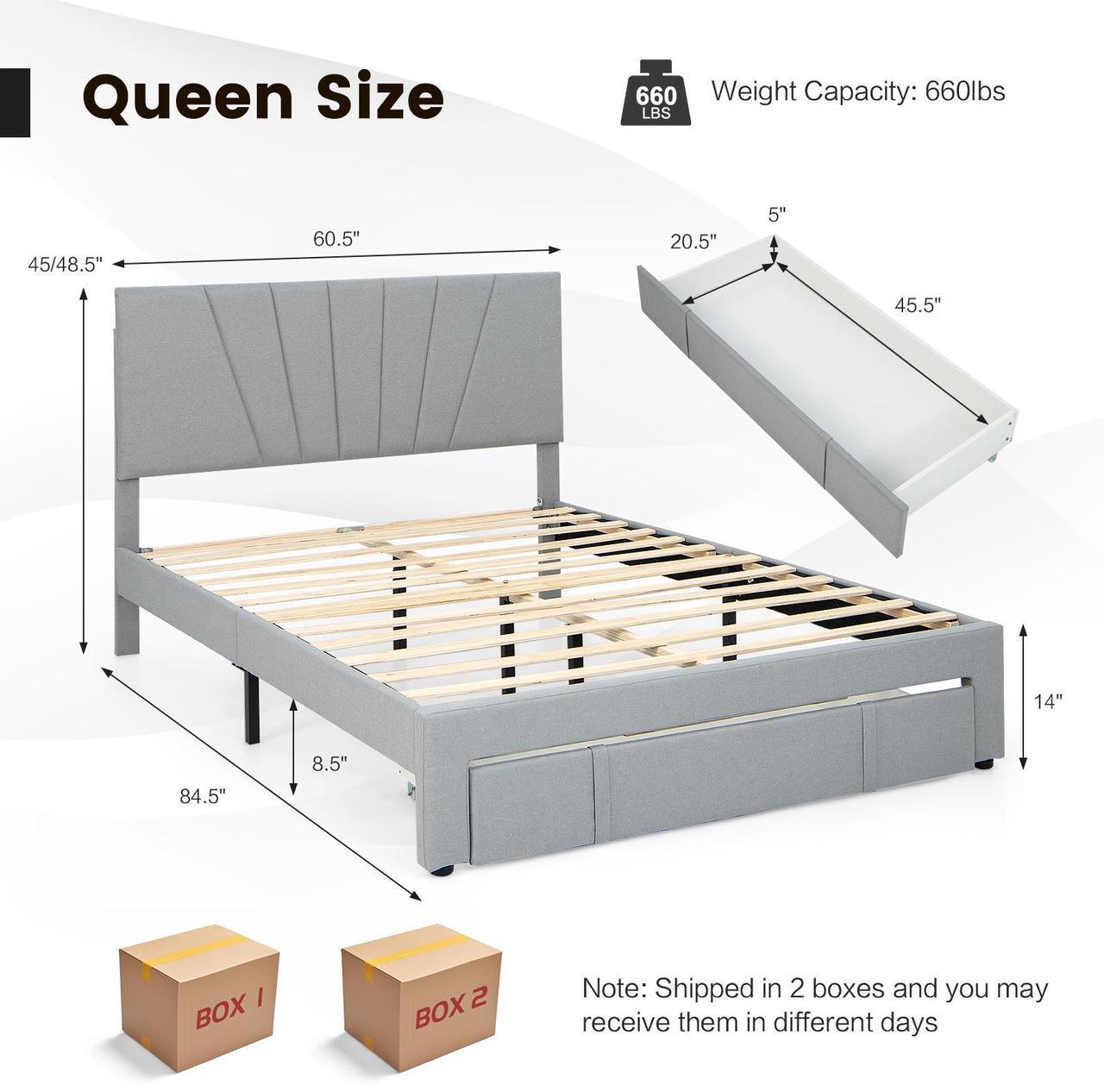 Alt view image 5 of 7 - SlickBlue Upholstered Bed Frame with Drawer and Adjustable Headboard-Queen Size