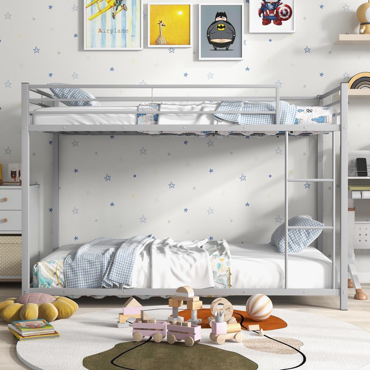 Alt view image 3 of 7 - SlickBlue Low Profile Twin Over Twin Metal Bunk Bed with Full-length Guardrails