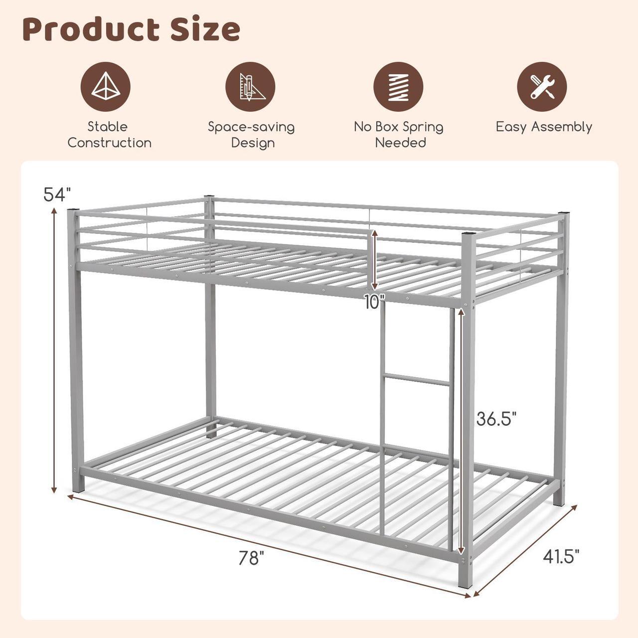 Alt view image 5 of 7 - SlickBlue Low Profile Twin Over Twin Metal Bunk Bed with Full-length Guardrails