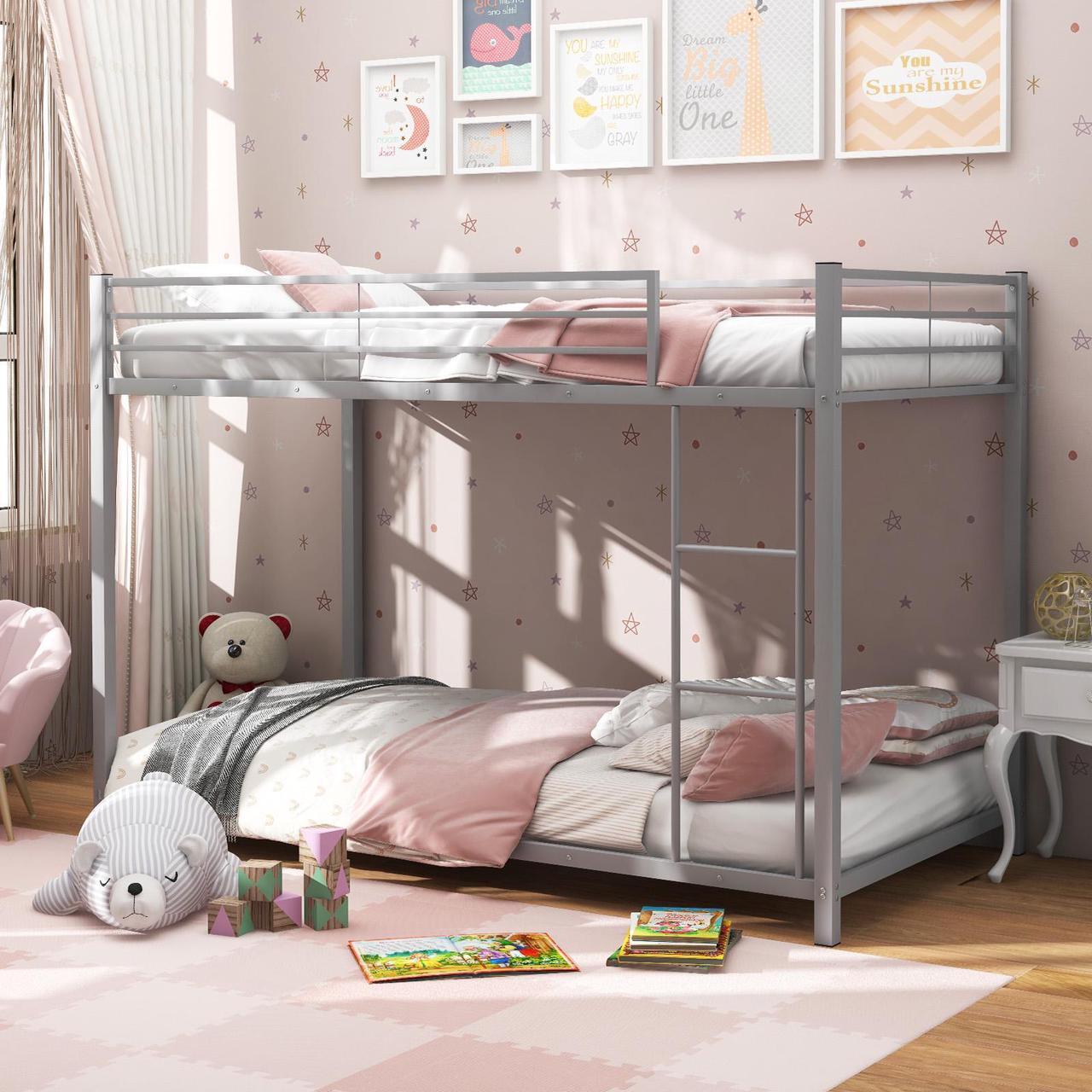 Alt view image 2 of 7 - SlickBlue Low Profile Twin Over Twin Metal Bunk Bed with Full-length Guardrails