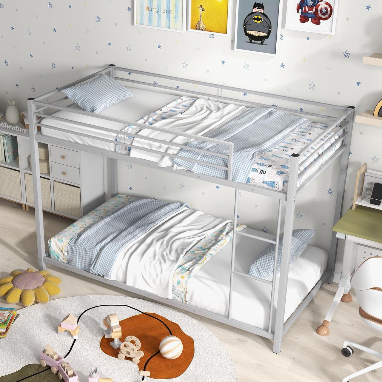 Alt view image 6 of 7 - SlickBlue Low Profile Twin Over Twin Metal Bunk Bed with Full-length Guardrails