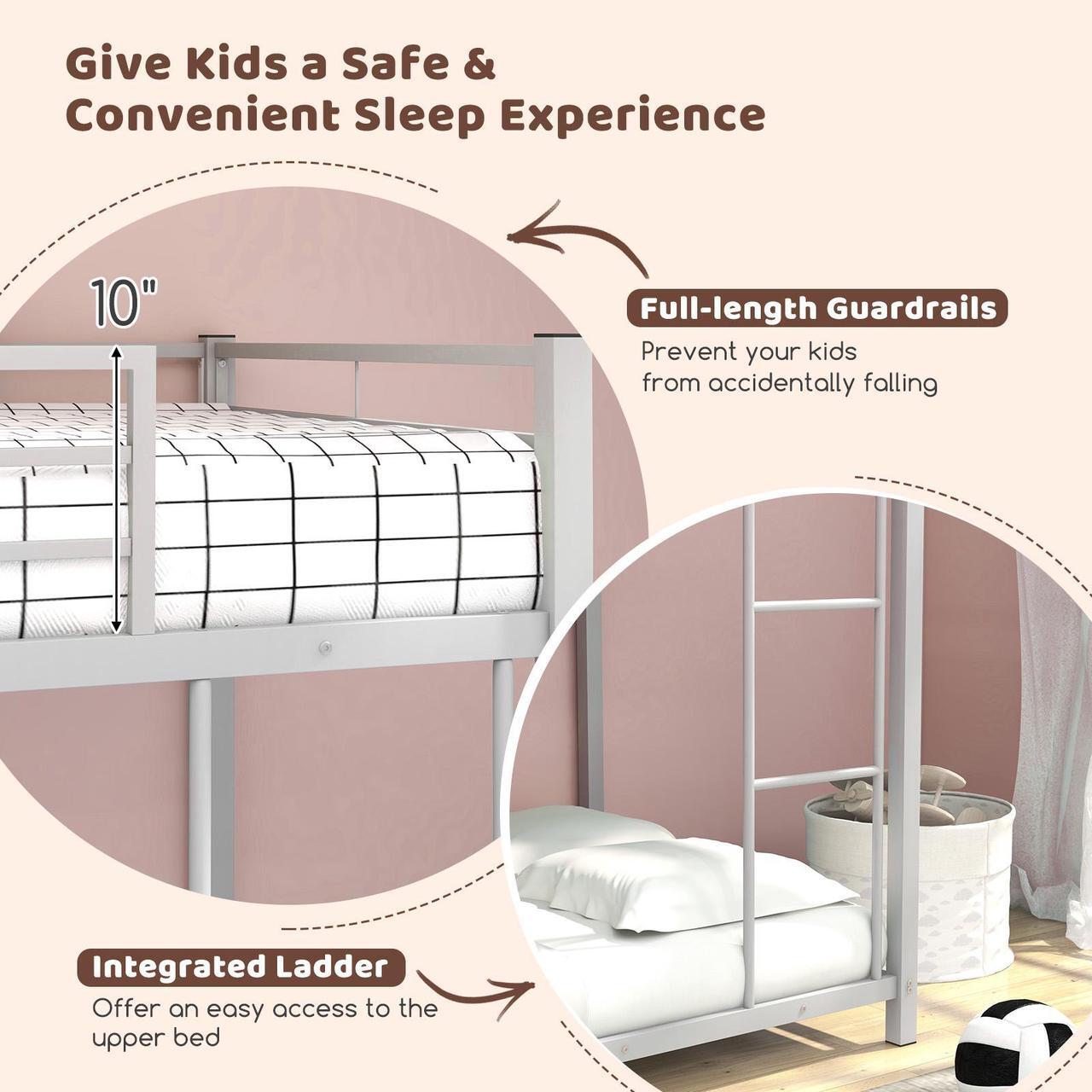 Alt view image 7 of 7 - SlickBlue Low Profile Twin Over Twin Metal Bunk Bed with Full-length Guardrails