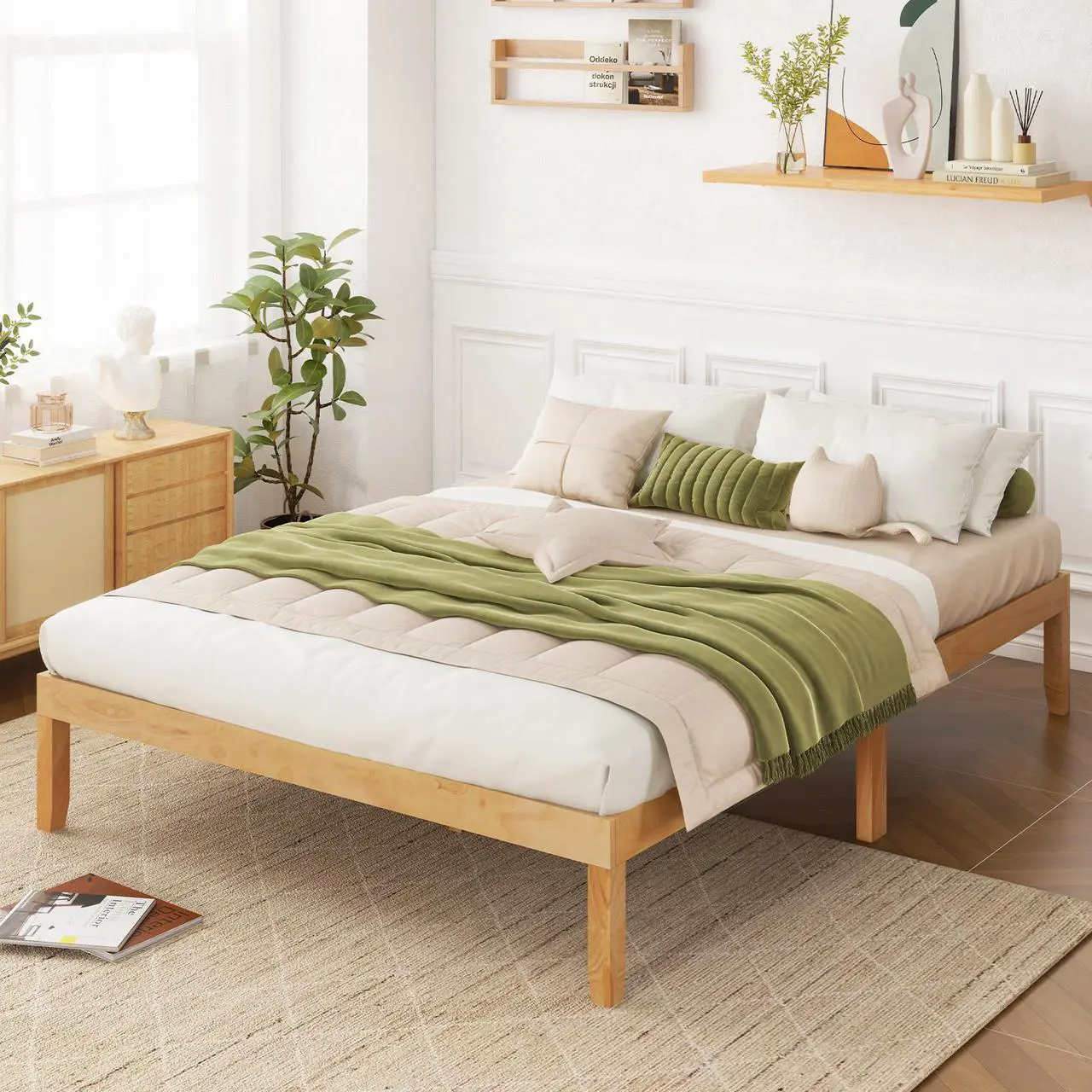 Alt view image 2 of 7 - SlickBlue Queen Size Wood Bed Frame with Wooden Slats Support and Rubber Wood Legs