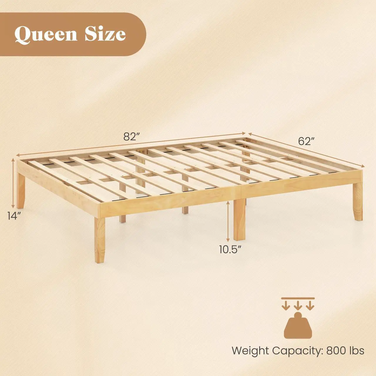 Alt view image 4 of 7 - SlickBlue Queen Size Wood Bed Frame with Wooden Slats Support and Rubber Wood Legs