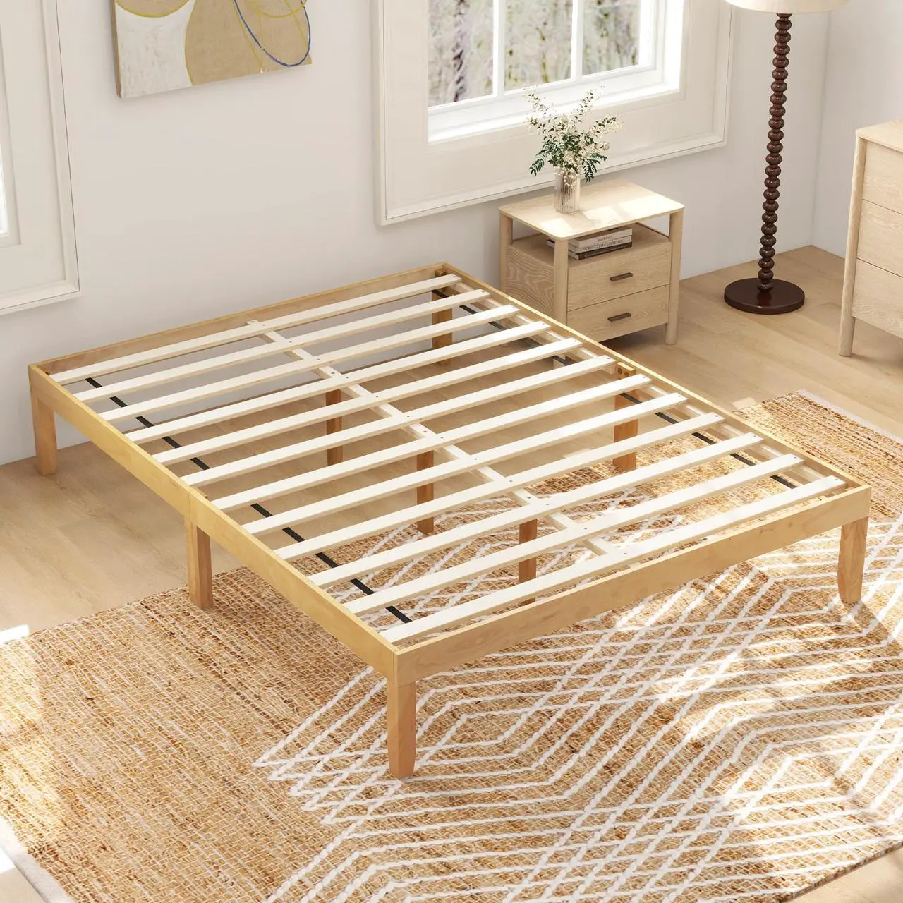 Alt view image 6 of 7 - SlickBlue Queen Size Wood Bed Frame with Wooden Slats Support and Rubber Wood Legs