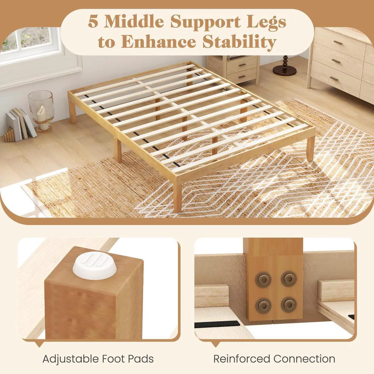 Alt view image 7 of 7 - SlickBlue Queen Size Wood Bed Frame with Wooden Slats Support and Rubber Wood Legs