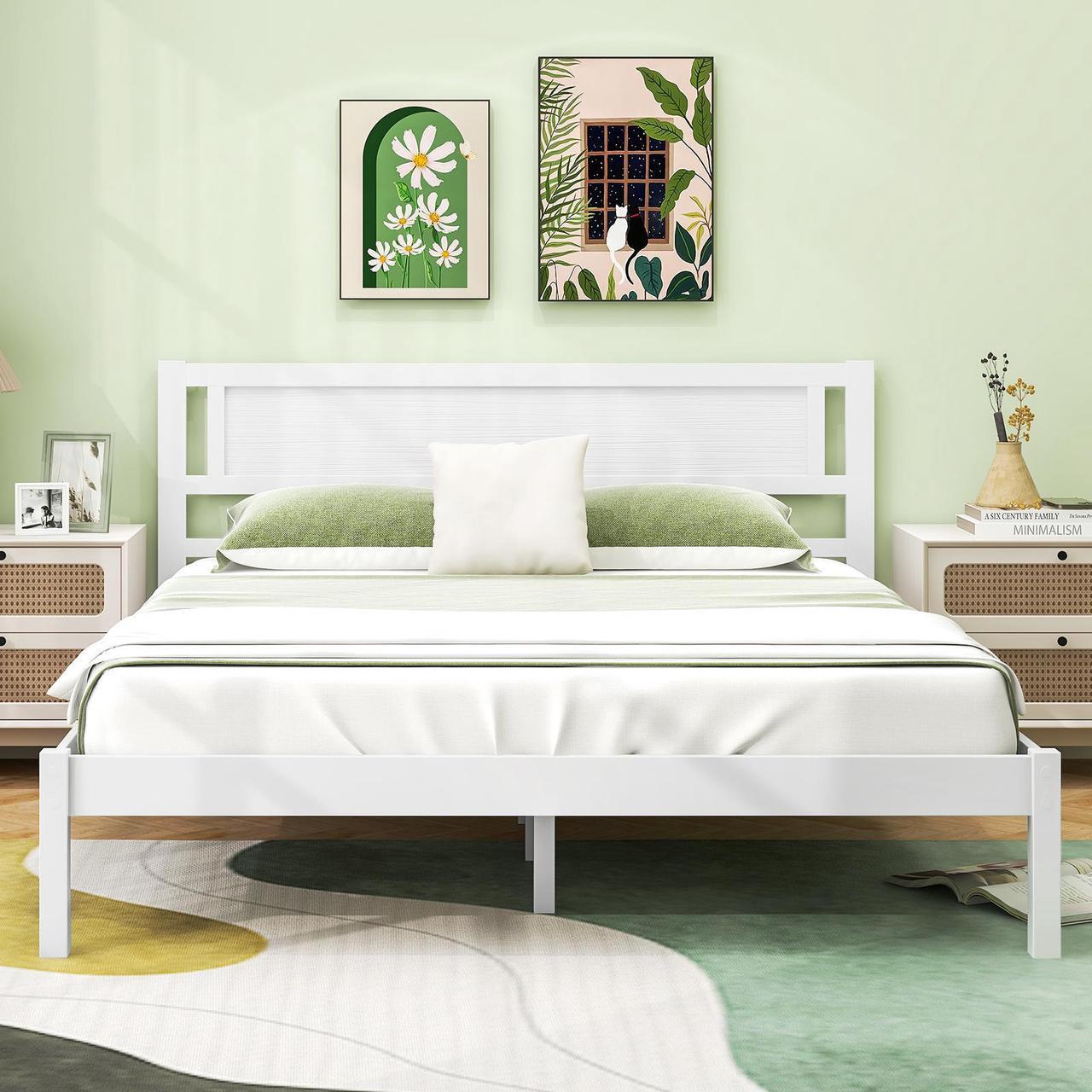 Alt view image 3 of 7 - SlickBlue Wood Bed Frame with Headboard and Wooden Slats Support-Queen