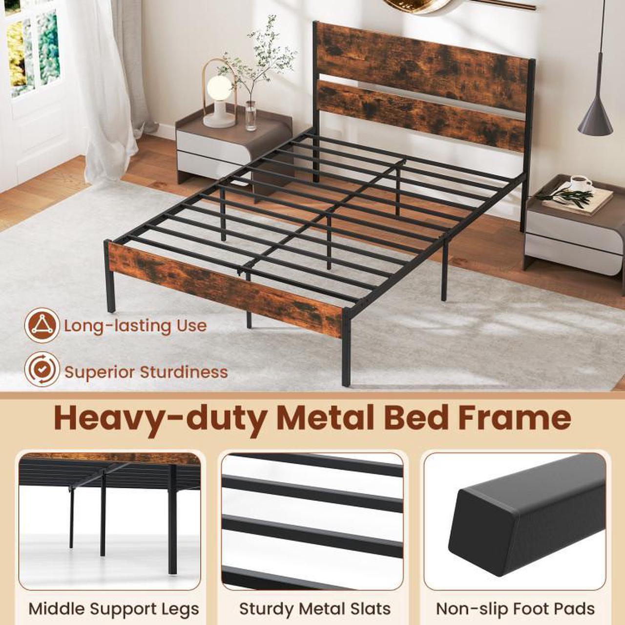 Alt view image 7 of 7 - SlickBlue Metal Bed Frame with Wooden Headboard and Footboard-Full Size