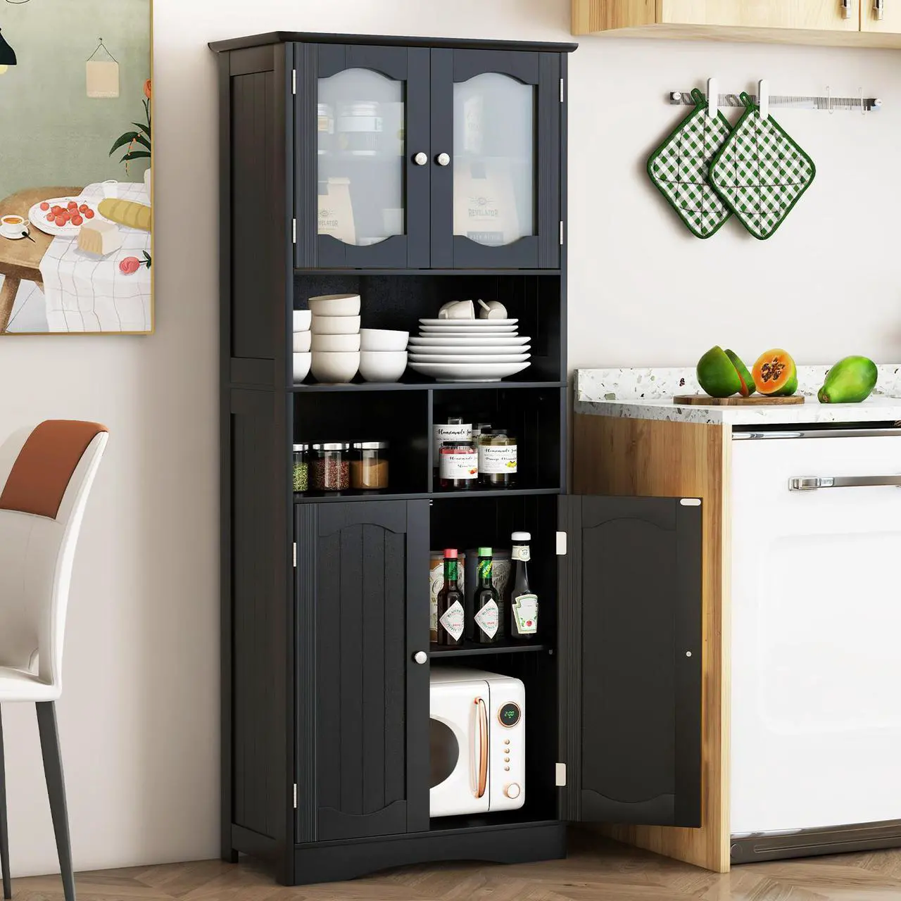 Alt view image 3 of 7 - SlickBlue 58.5 Inch Freestanding Linen Bathroom Storage Cabinet with Frost Glass Doors