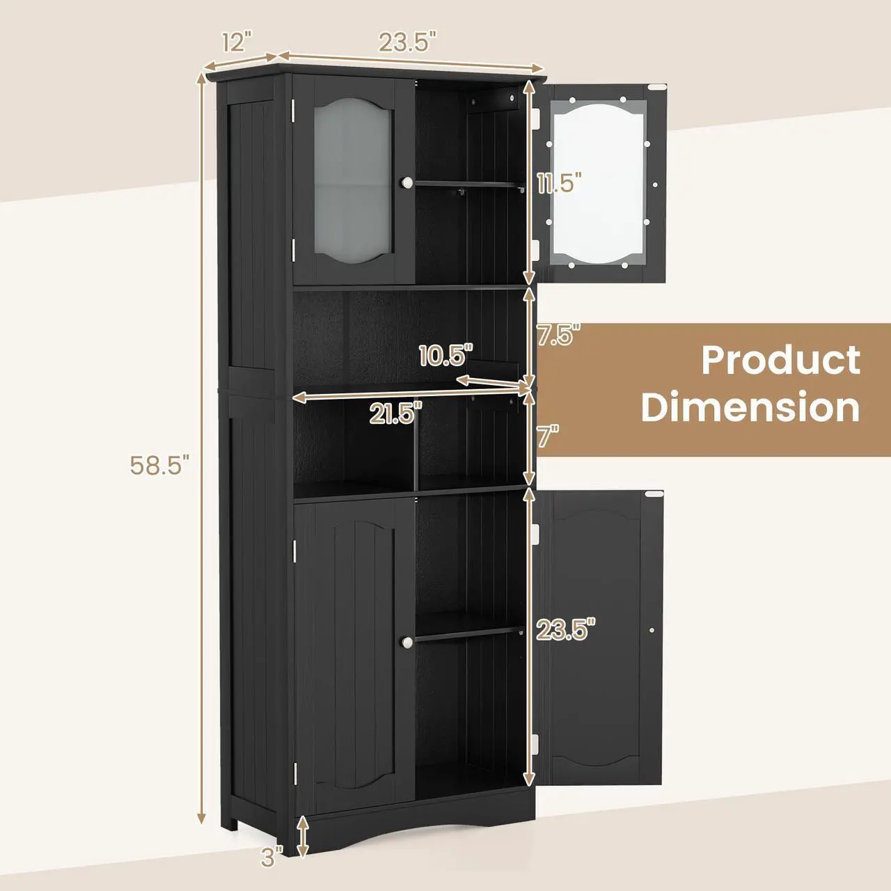 Alt view image 5 of 7 - SlickBlue 58.5 Inch Freestanding Linen Bathroom Storage Cabinet with Frost Glass Doors