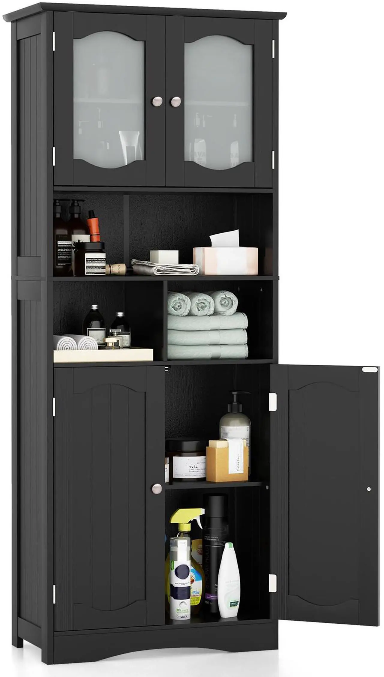 Alt view image 4 of 7 - SlickBlue 58.5 Inch Freestanding Linen Bathroom Storage Cabinet with Frost Glass Doors