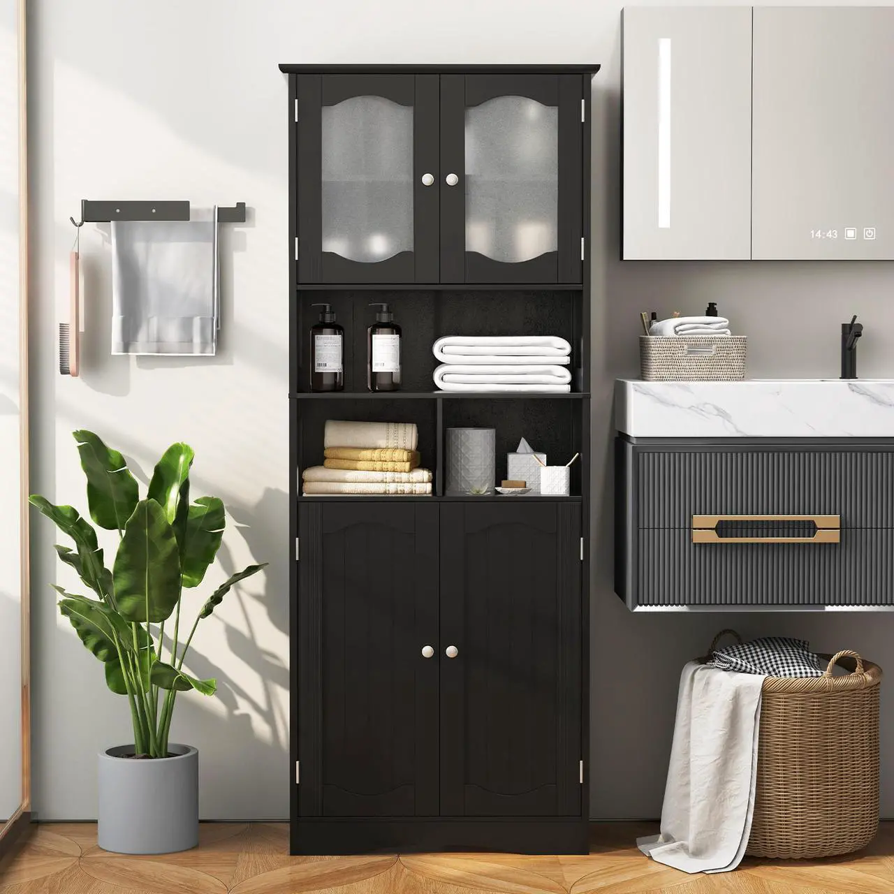 Alt view image 2 of 7 - SlickBlue 58.5 Inch Freestanding Linen Bathroom Storage Cabinet with Frost Glass Doors