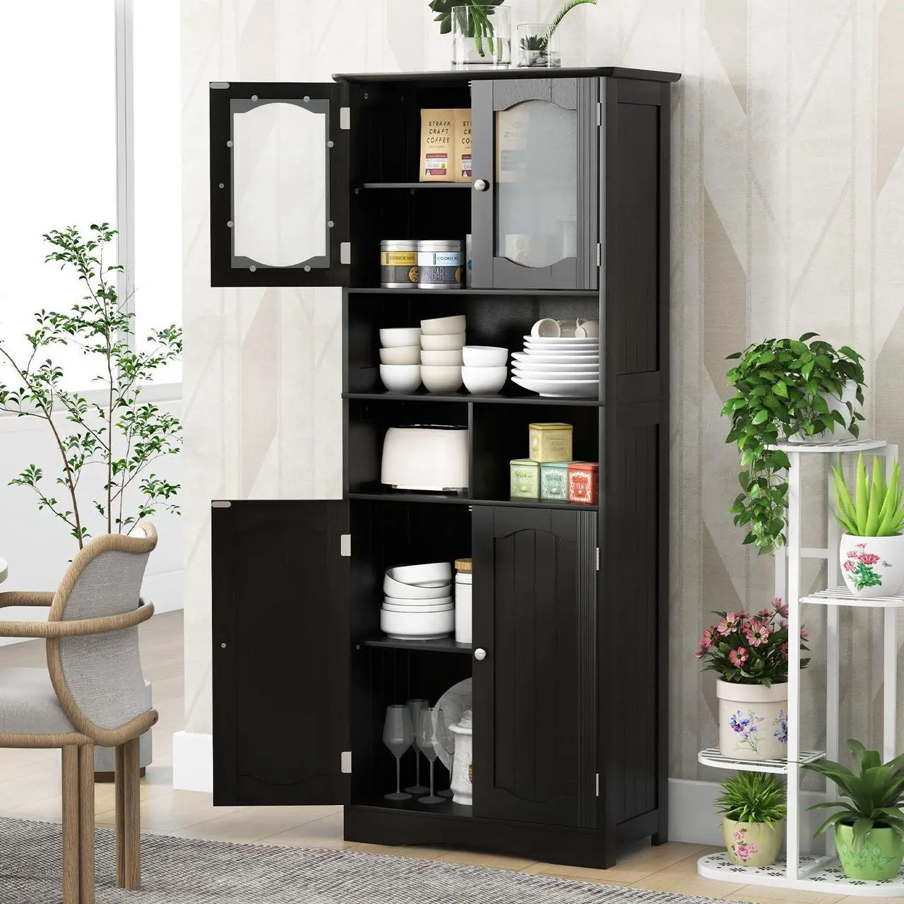 Alt view image 7 of 7 - SlickBlue 58.5 Inch Freestanding Linen Bathroom Storage Cabinet with Frost Glass Doors