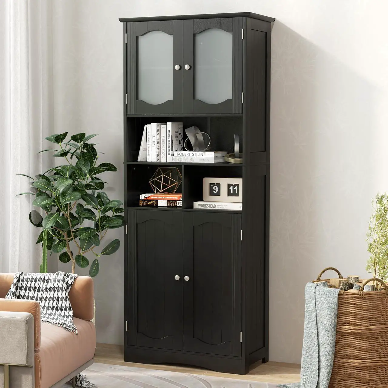 Alt view image 6 of 7 - SlickBlue 58.5 Inch Freestanding Linen Bathroom Storage Cabinet with Frost Glass Doors