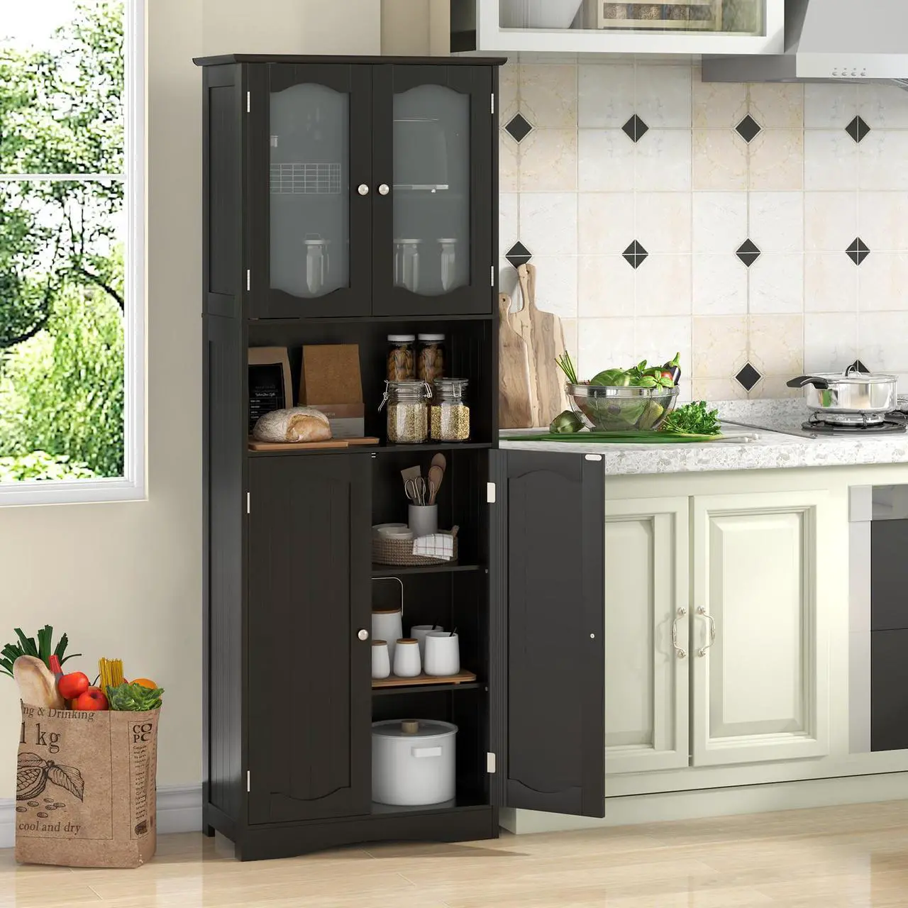Alt view image 3 of 7 - SlickBlue 64.5 Inches Tall Bathroom Storage Cabinet with Frost Glass Doors and Shelves
