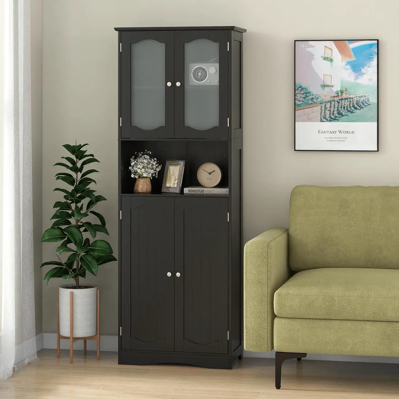 Alt view image 2 of 7 - SlickBlue 64.5 Inches Tall Bathroom Storage Cabinet with Frost Glass Doors and Shelves