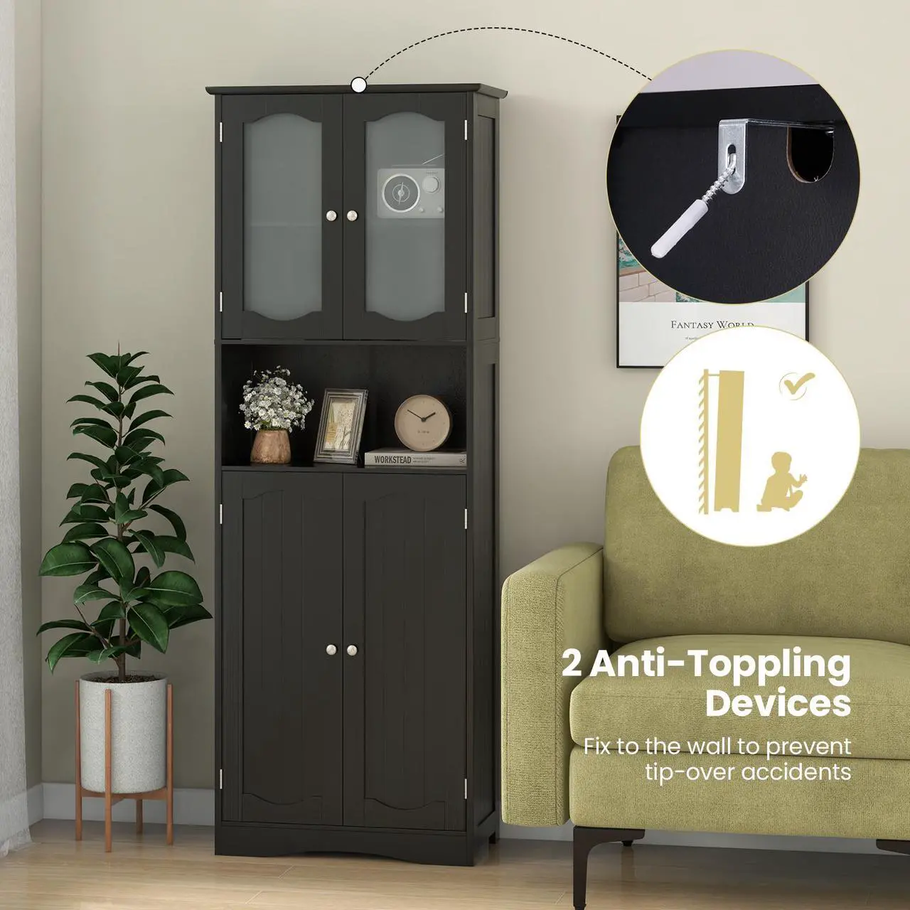 Alt view image 6 of 7 - SlickBlue 64.5 Inches Tall Bathroom Storage Cabinet with Frost Glass Doors and Shelves