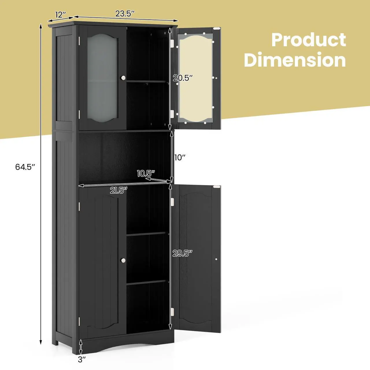 Alt view image 5 of 7 - SlickBlue 64.5 Inches Tall Bathroom Storage Cabinet with Frost Glass Doors and Shelves