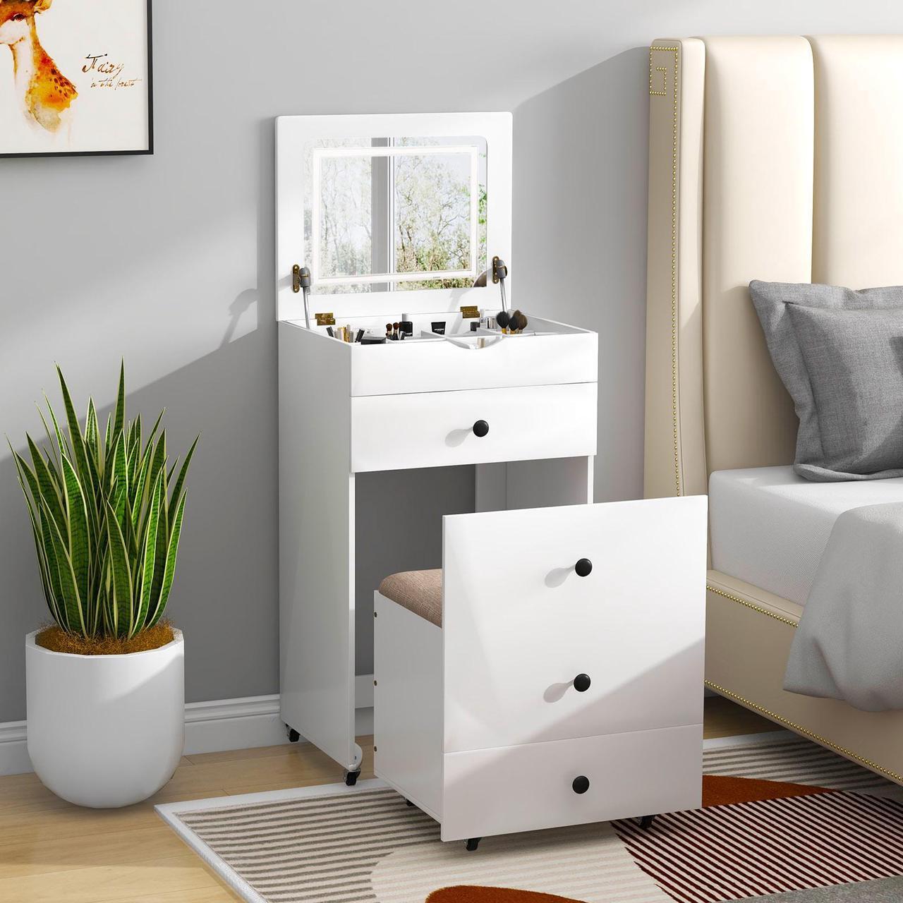 Alt view image 2 of 7 - SlickBlue 3-in-1 Vanity Set with Cushioned Stool and Flip-up Mirror-White