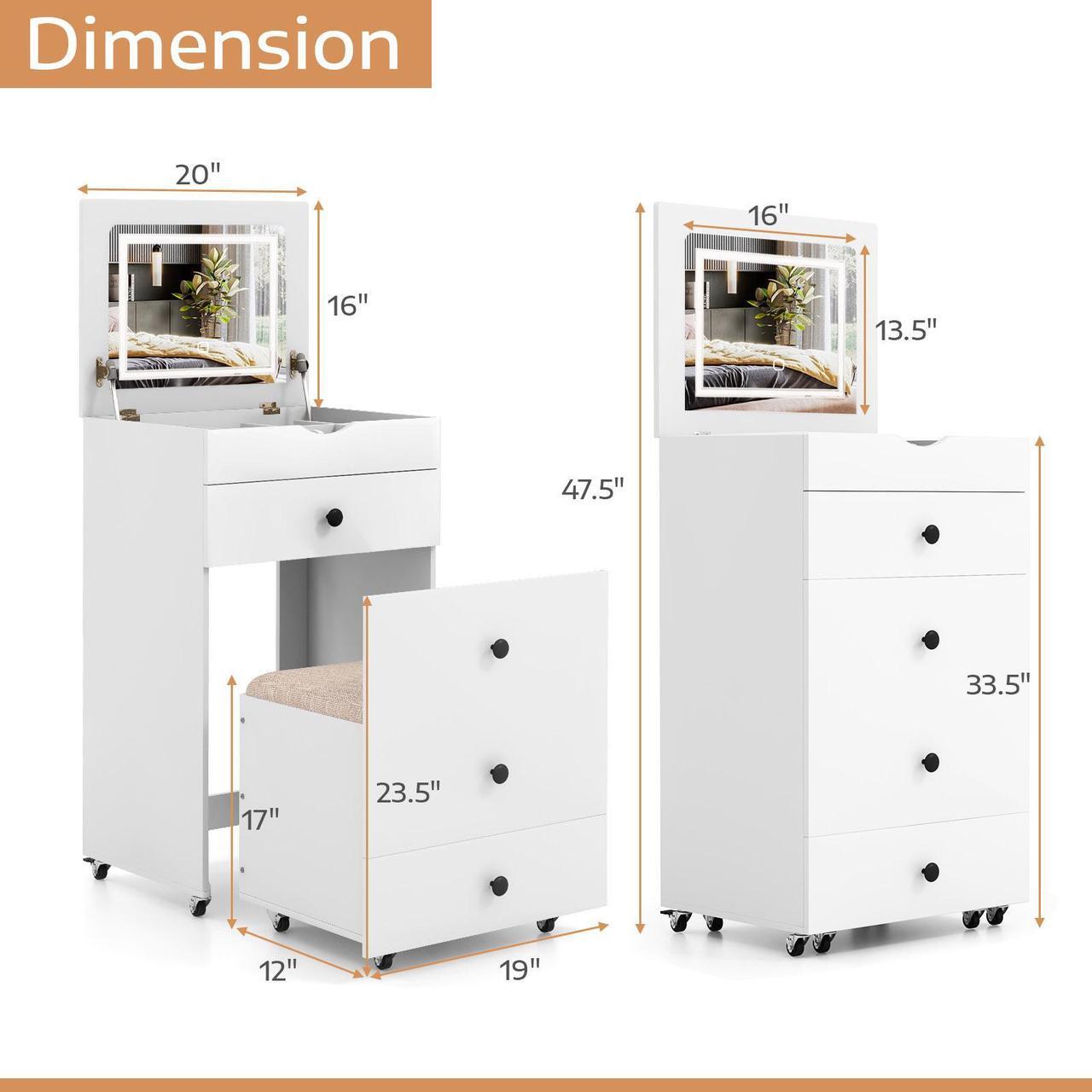 Alt view image 4 of 7 - SlickBlue 3-in-1 Vanity Set with Cushioned Stool and Flip-up Mirror-White