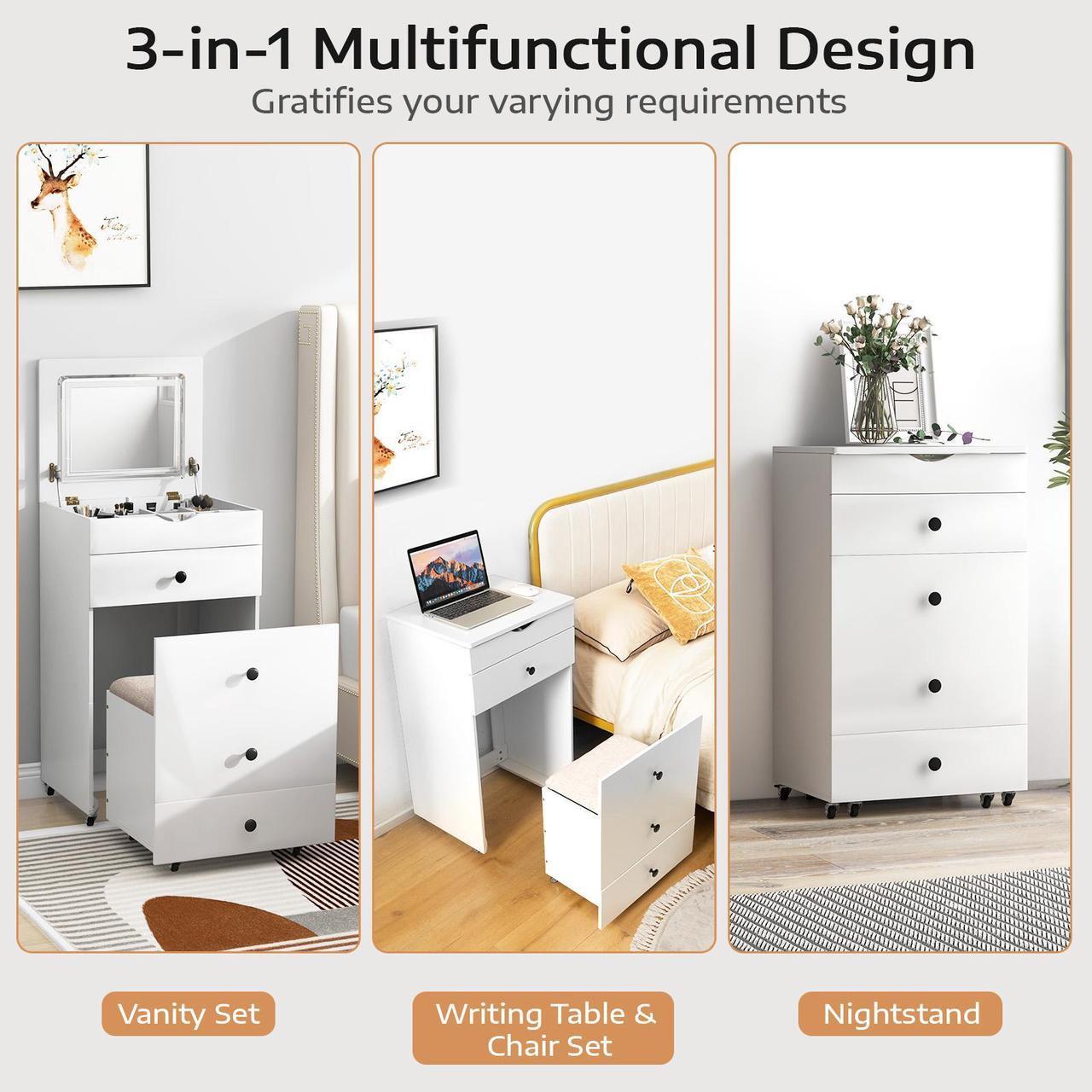 Alt view image 5 of 7 - SlickBlue 3-in-1 Vanity Set with Cushioned Stool and Flip-up Mirror-White