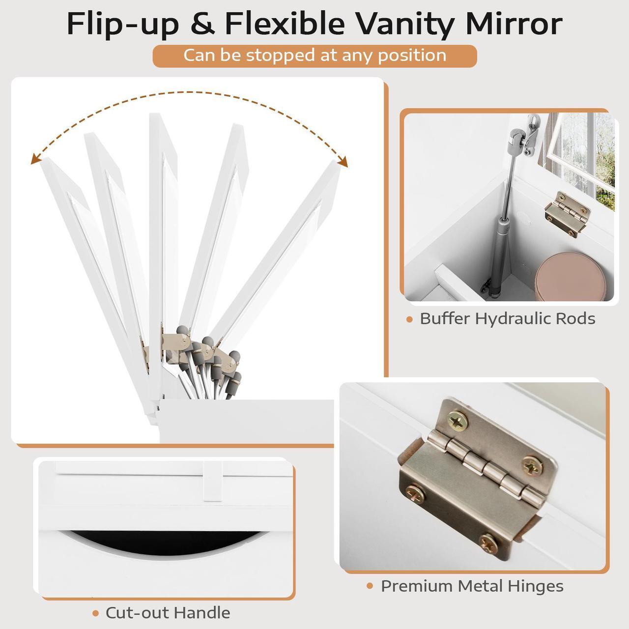 Alt view image 7 of 7 - SlickBlue 3-in-1 Vanity Set with Cushioned Stool and Flip-up Mirror-White