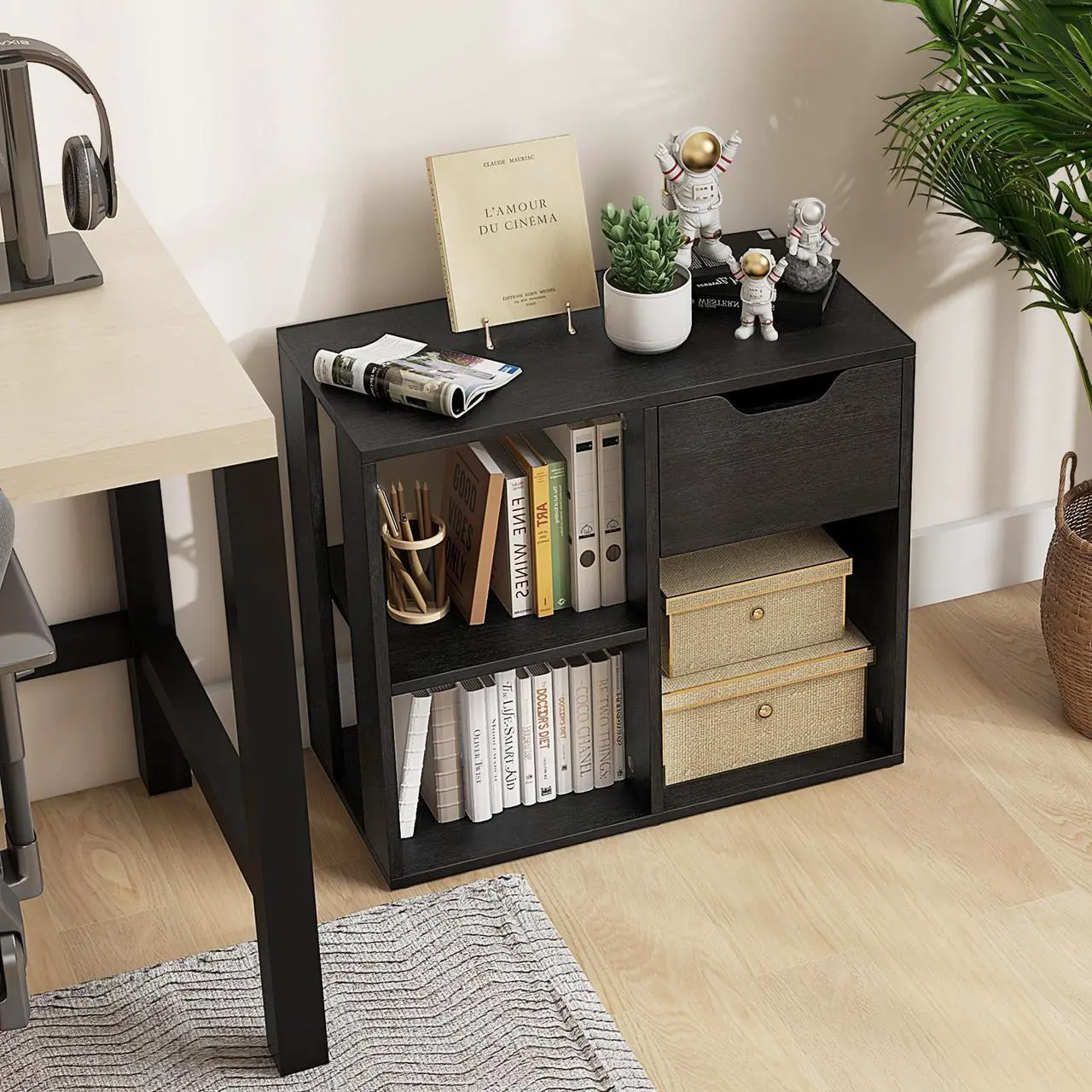 Alt view image 2 of 7 - 3-Cube Bookcase 2-tier Wooden Storage Shelf with Pull-out Drawer