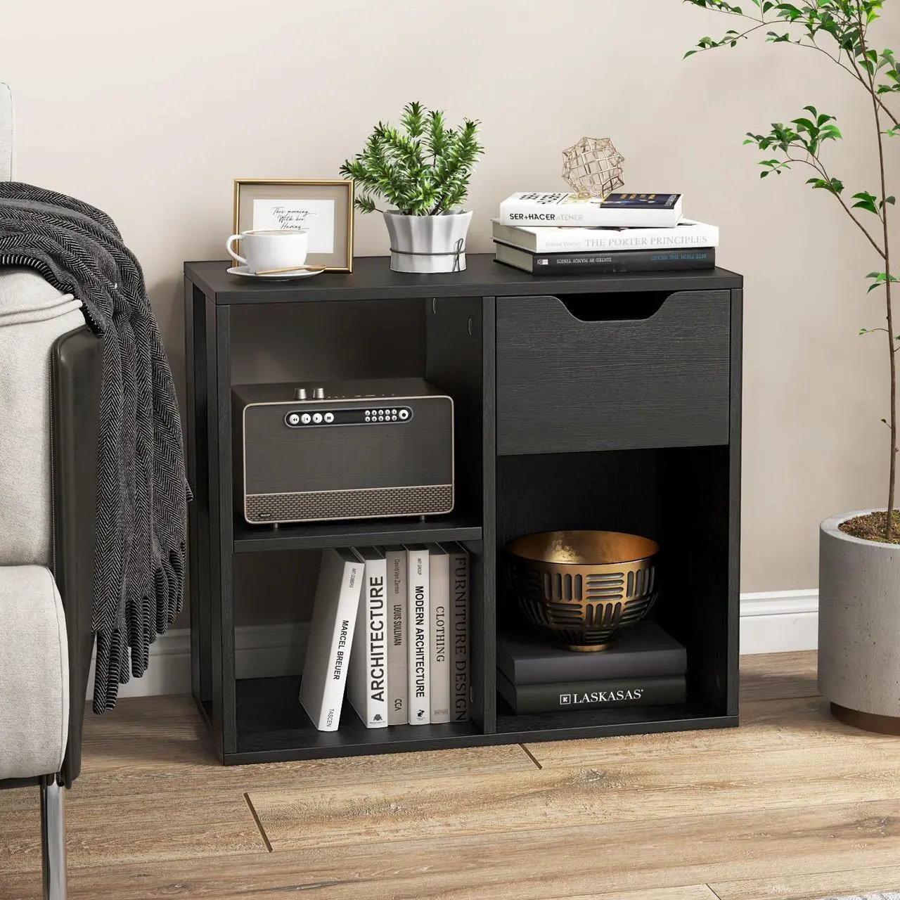 Alt view image 3 of 7 - 3-Cube Bookcase 2-tier Wooden Storage Shelf with Pull-out Drawer