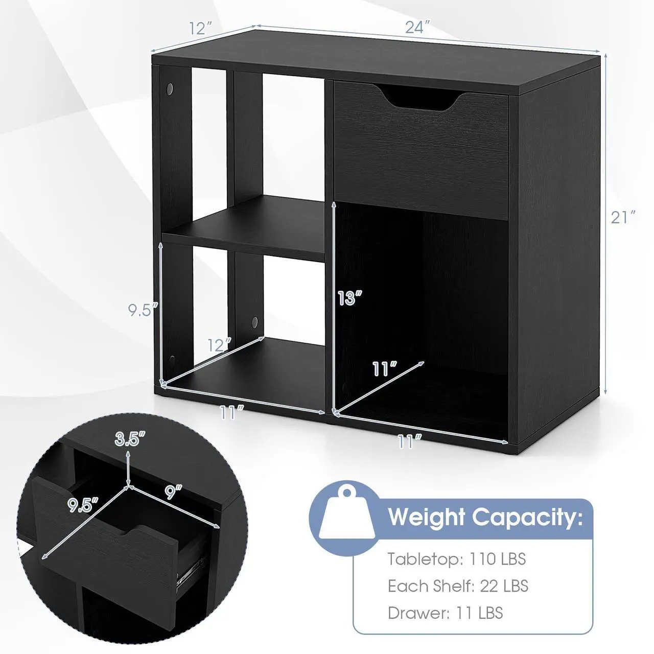 Alt view image 5 of 7 - 3-Cube Bookcase 2-tier Wooden Storage Shelf with Pull-out Drawer