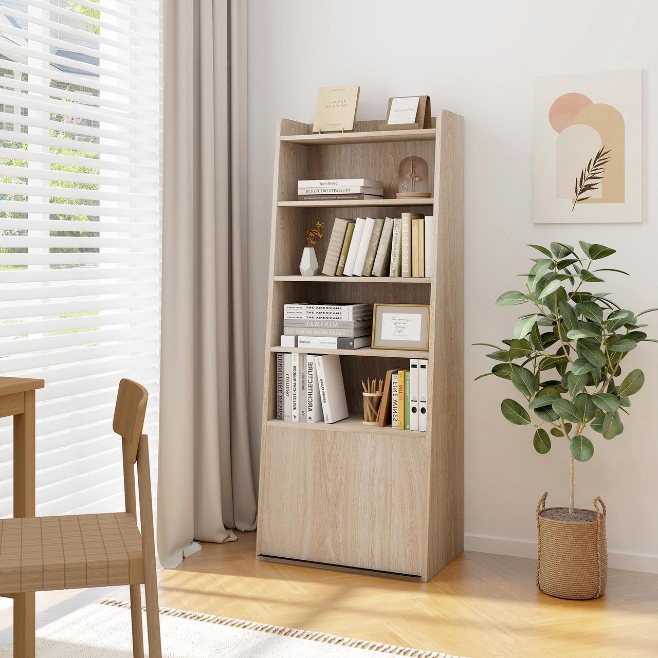 Alt view image 2 of 7 - SlickBlue 6-Tier Bookcase Freestanding Ladder Bookshelf with 2 Adjustable Shelves and Flip Up Door