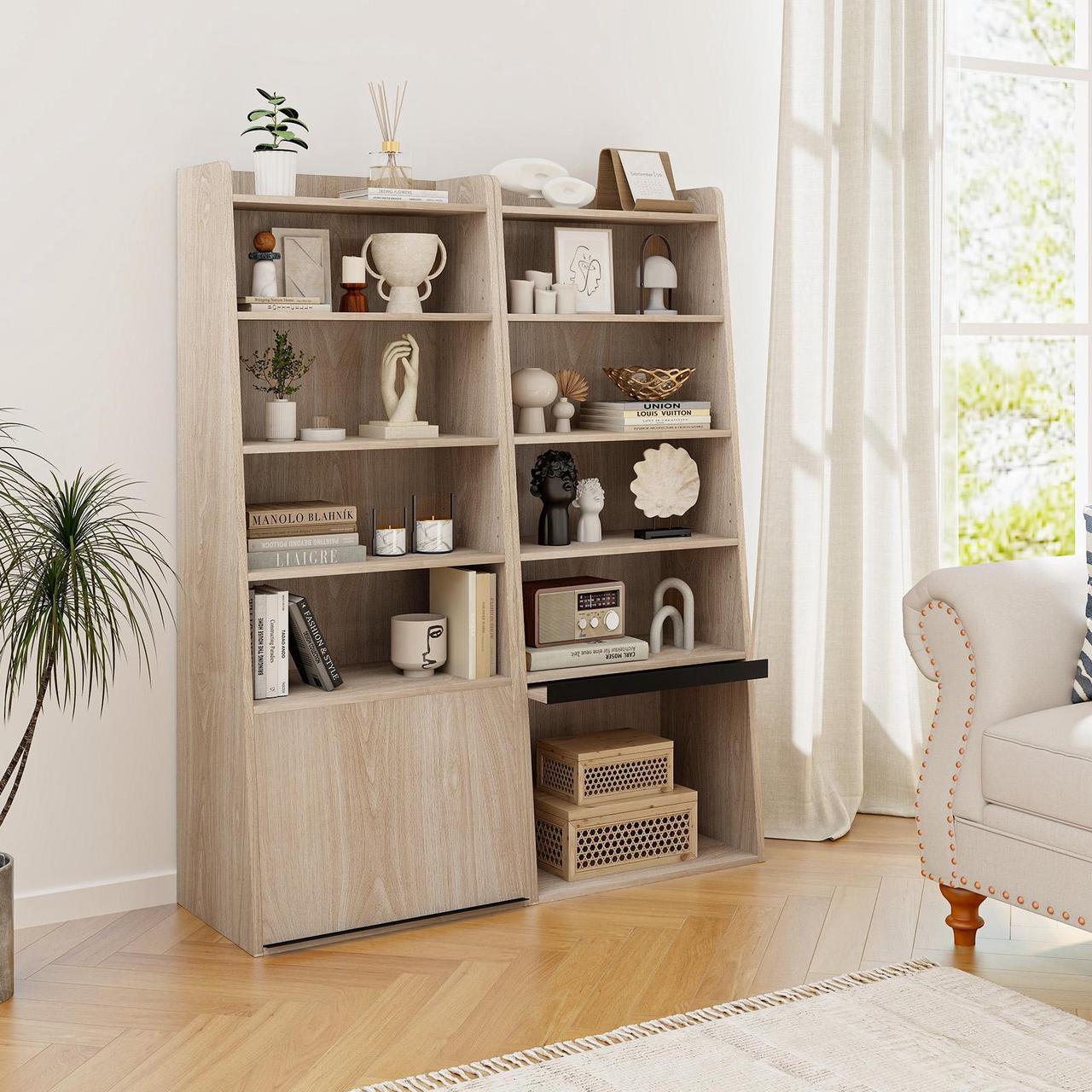 Alt view image 3 of 7 - SlickBlue 6-Tier Bookcase Freestanding Ladder Bookshelf with 2 Adjustable Shelves and Flip Up Door