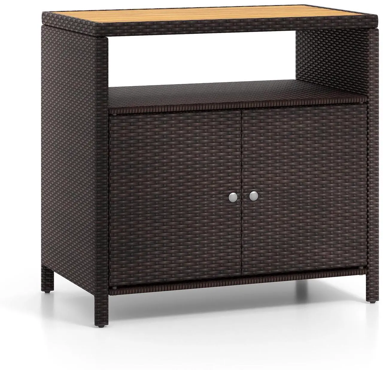 Main image of SlickBlue Rattan Storage Cabinet with Acacia Wood Countertop for Poolside Deck and Patio