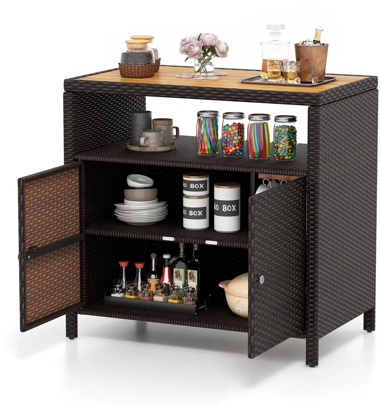 Alt view image 2 of 7 - SlickBlue Rattan Storage Cabinet with Acacia Wood Countertop for Poolside Deck and Patio