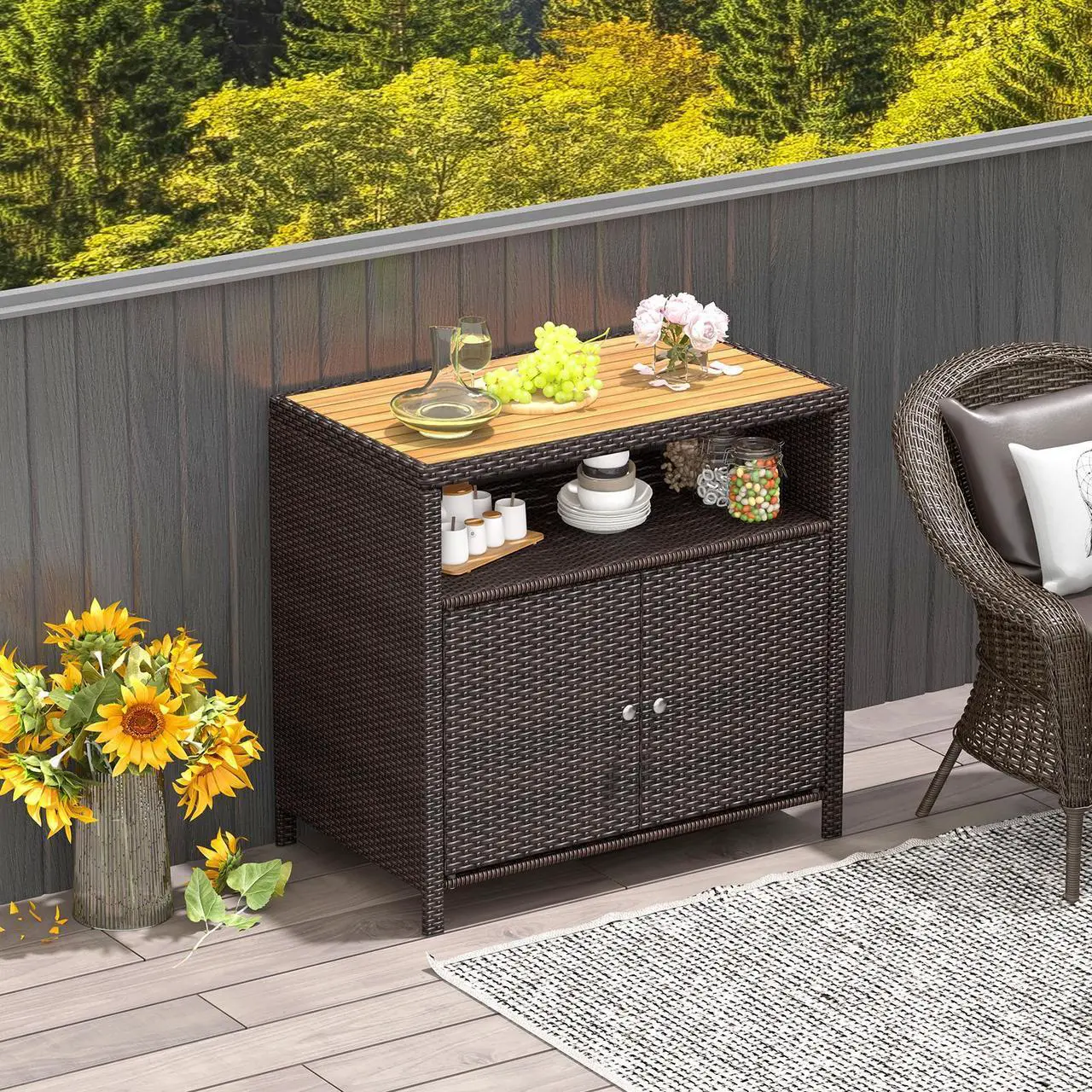 Alt view image 3 of 7 - SlickBlue Rattan Storage Cabinet with Acacia Wood Countertop for Poolside Deck and Patio
