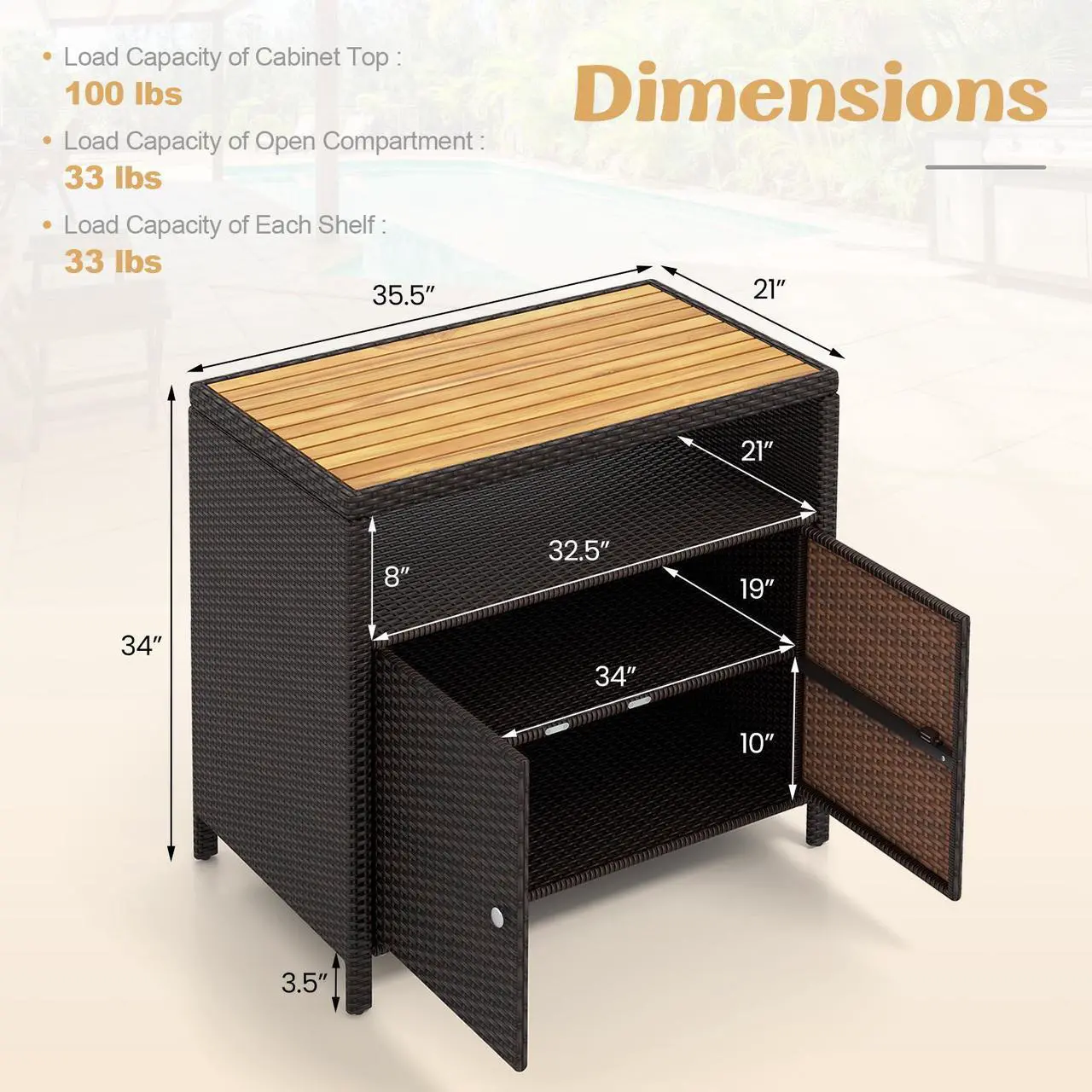 Alt view image 5 of 7 - SlickBlue Rattan Storage Cabinet with Acacia Wood Countertop for Poolside Deck and Patio