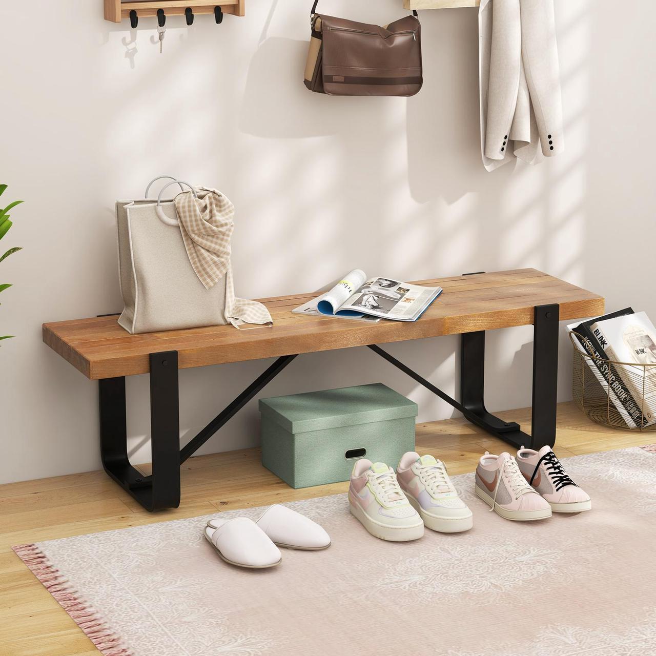 Alt view image 6 of 7 - SlickBlue 60 Inch Entryway Bench Rustic Farmhouse Wooden Shoe Rack with Metal Frame-Natural