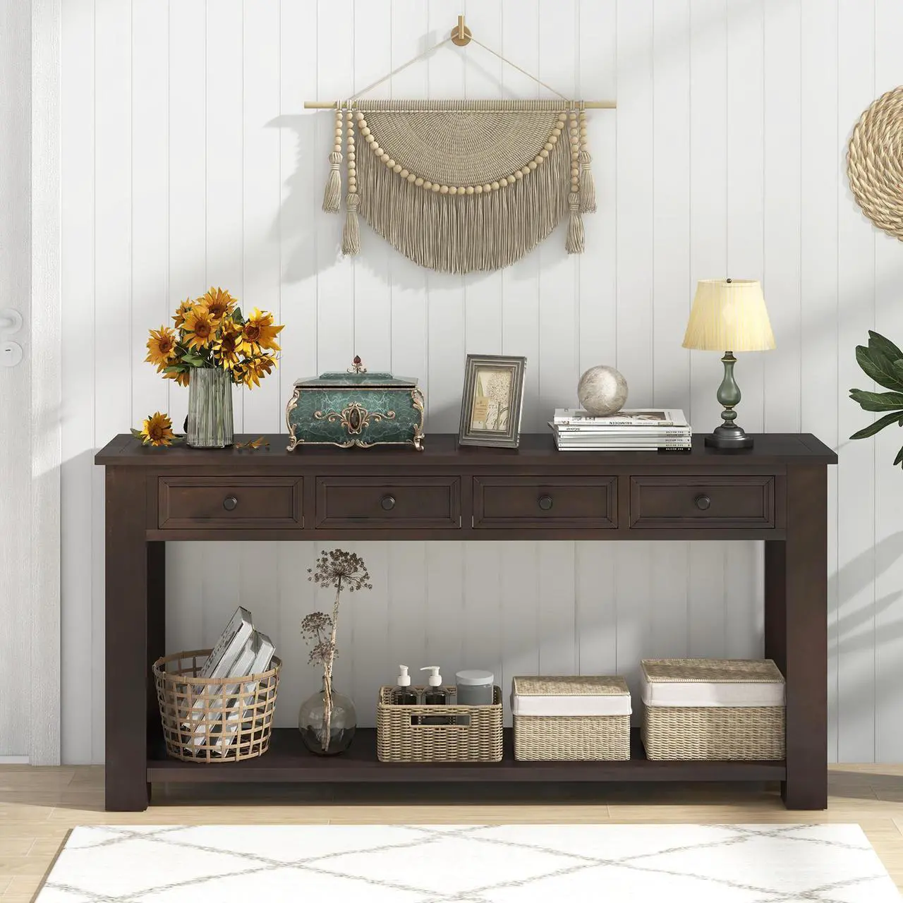 Alt view image 2 of 7 - SlickBlue 63 Inches Farmhouse Entryway Table with 4 Storage Drawers and Open Shelf-Espresso