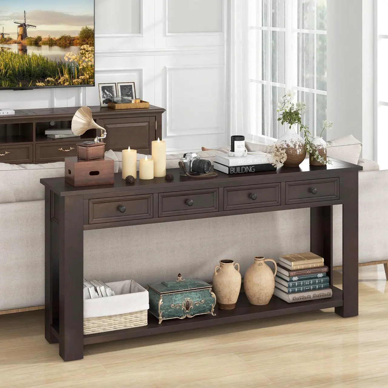 Alt view image 3 of 7 - SlickBlue 63 Inches Farmhouse Entryway Table with 4 Storage Drawers and Open Shelf-Espresso