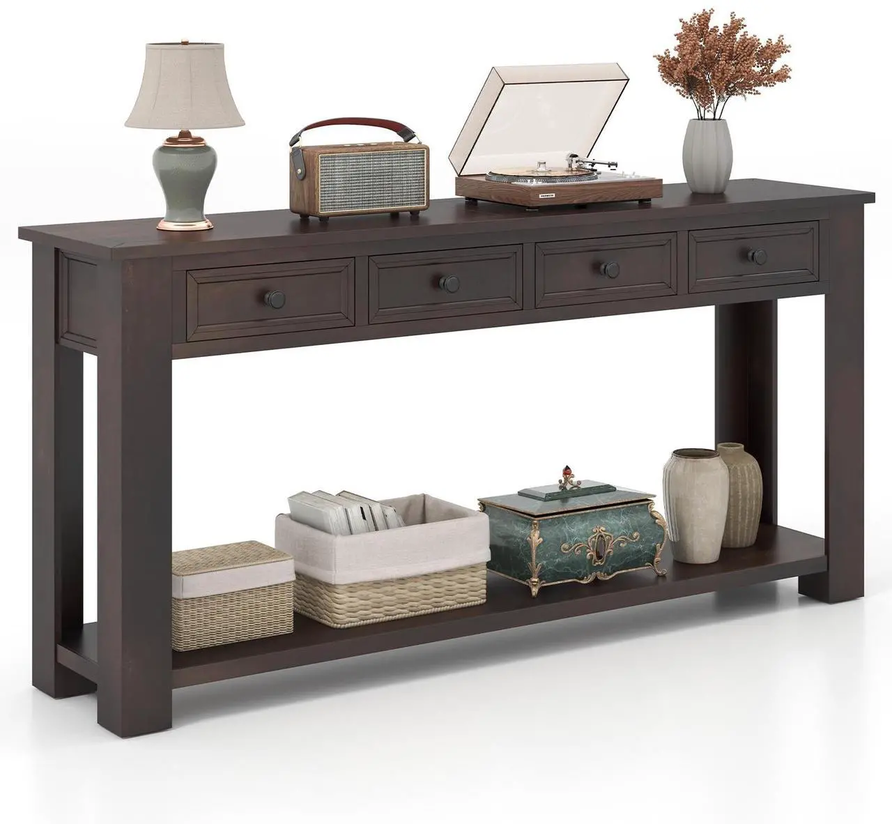 Alt view image 4 of 7 - SlickBlue 63 Inches Farmhouse Entryway Table with 4 Storage Drawers and Open Shelf-Espresso