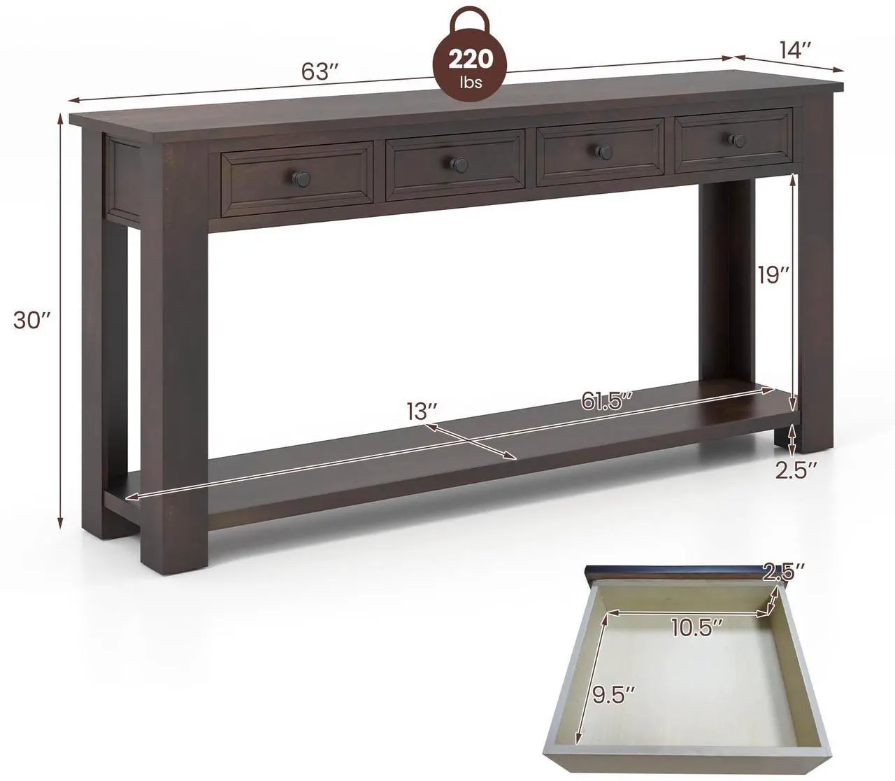 Alt view image 5 of 7 - SlickBlue 63 Inches Farmhouse Entryway Table with 4 Storage Drawers and Open Shelf-Espresso