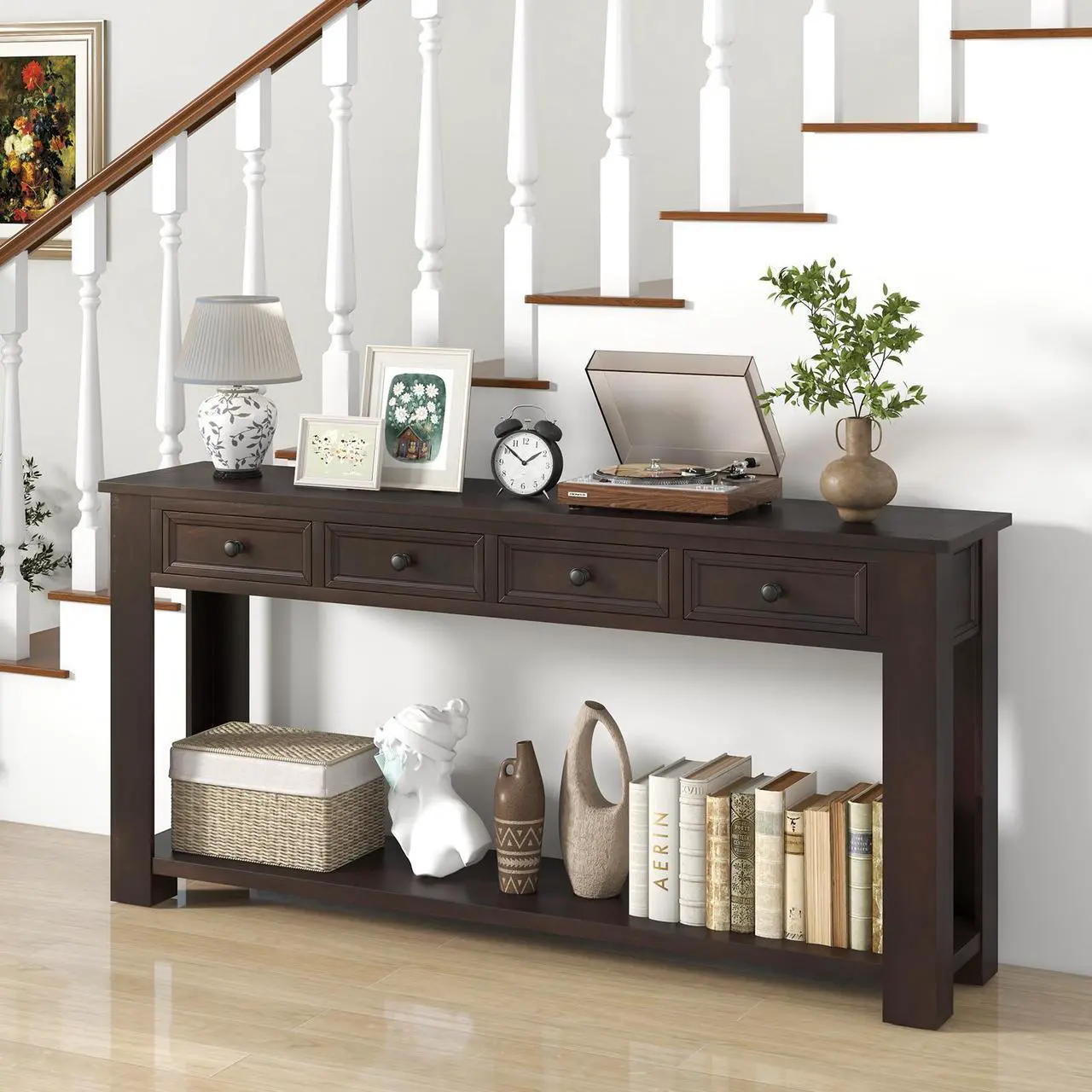Alt view image 6 of 7 - SlickBlue 63 Inches Farmhouse Entryway Table with 4 Storage Drawers and Open Shelf-Espresso