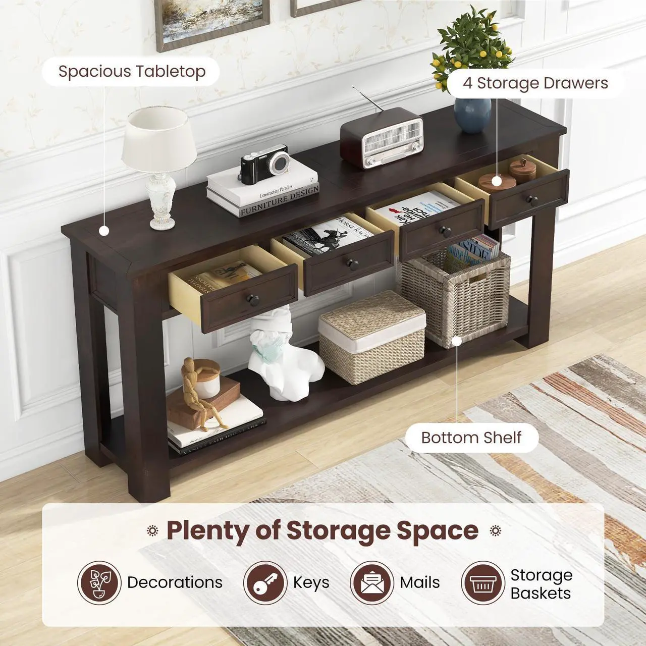 Alt view image 7 of 7 - SlickBlue 63 Inches Farmhouse Entryway Table with 4 Storage Drawers and Open Shelf-Espresso