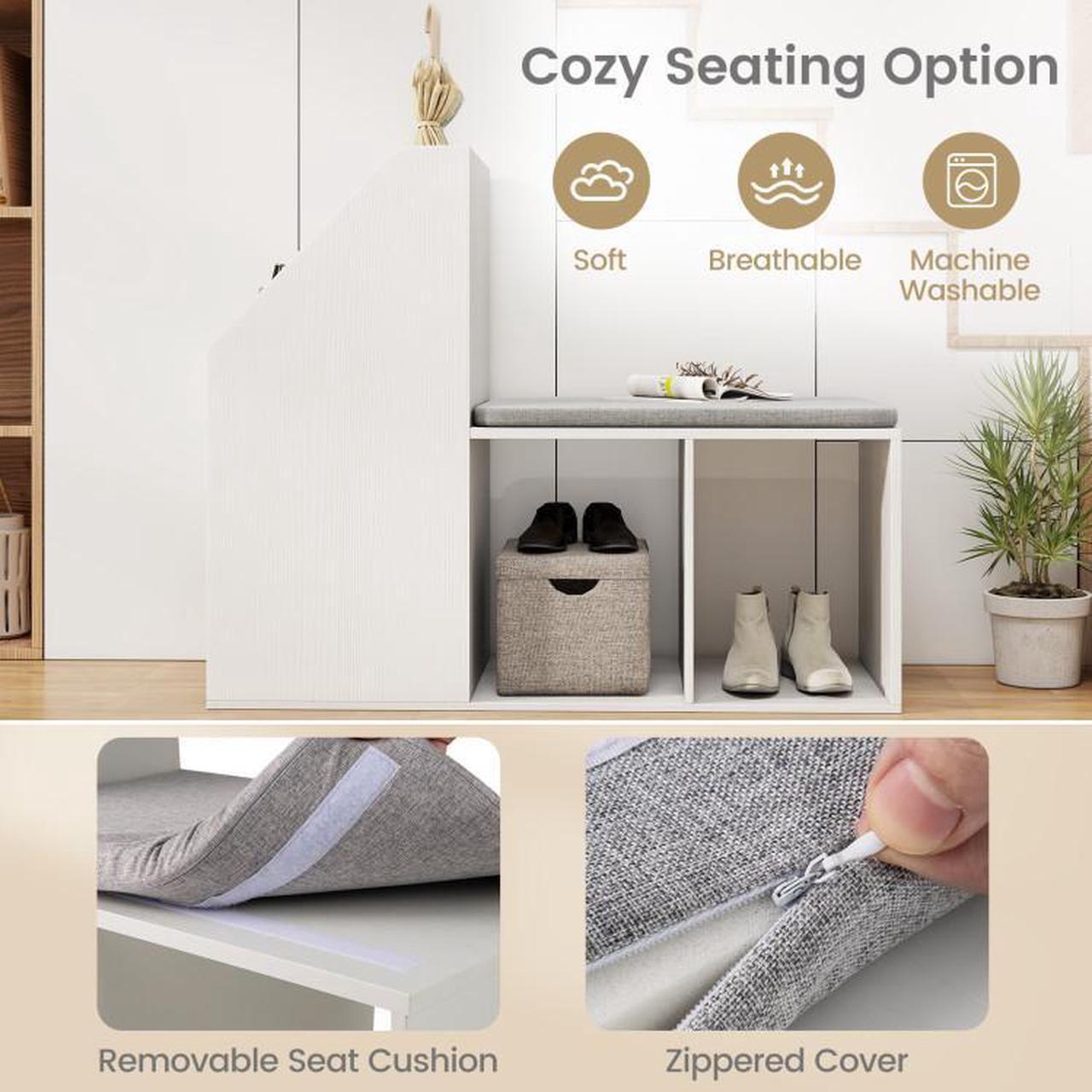 Alt view image 6 of 7 - SlickBlue Shoe Storage Bench with Removable Seat Cushion and 6 Storage Compartments-White