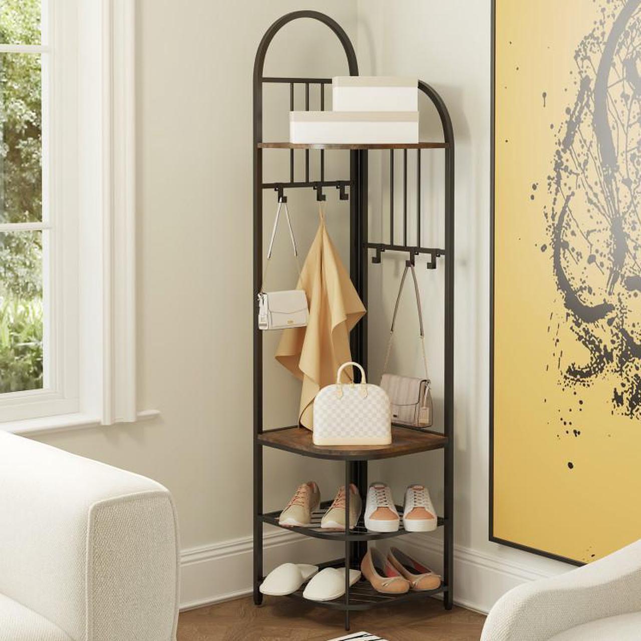 Alt view image 2 of 7 - SlickBlue 4-Tier Coat Rack Corner Hall Tree with Shoe Storage Bench