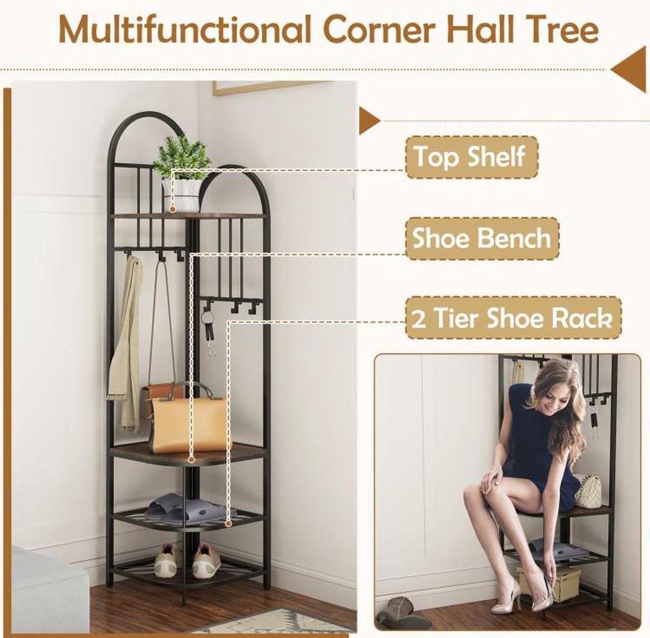 Alt view image 5 of 7 - SlickBlue 4-Tier Coat Rack Corner Hall Tree with Shoe Storage Bench